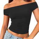 Trendy Queen Off The Shoulder Tops for Women Going Out Y2K Summer Cute Shirts Sexy 2025 Double Lined Spring Club Outfits (Medium, Black)