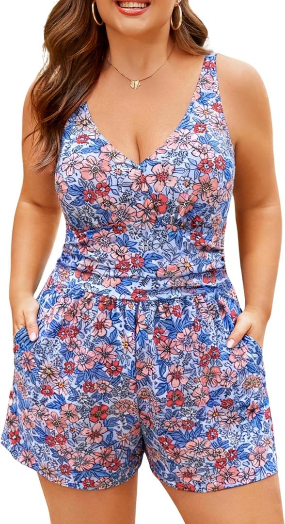 Plus Size Swim Romper Women One Piece Swimsuit Tummy Control Bathing Suit with Shorts Modest Full Coverage Swimwear,  XX-Large Plus, Orange Floral Print