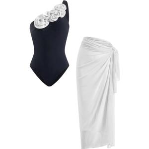 Women's 2 Piece Bathing Suit 3D Floral One Shoulder Swimsuit with Cover Up Skirt (Black, M)
