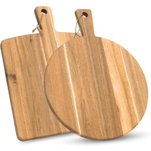 KOLWOVEN Acacia Wood Cutting Board 2 Pack with Handle, Wooden Charcuterie Board Large Paddle Carving Chopping Board Set, Serving Tray for Cheese Meat Fruit Pizza Bread Baking
