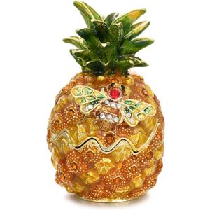 Hand Painted Enamel Pineapple Trinket Box, Hinged Jewelry Organizer Mini Ring Earrings Storage, Unique Home Decor Figurine Keepsake Collectible, Personalized Elegant Handmade Ornament (Pineapple)