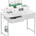 Pamray 32 Inch Small Computer Desk with Monitor Stand Home Office Desks with 2 Drawers for Bedroom Study Writing and Work Table for Small Spaces White