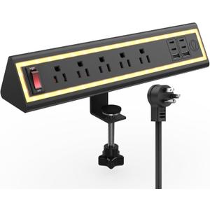Desk Clamp Power Strip with Nightlight, 40W Fast Charging, 6FT Extension Cord, 4x20W USB-C & 2 USB Ports, 5 AC Outlets, Fits 1.69-Inch Table Edges