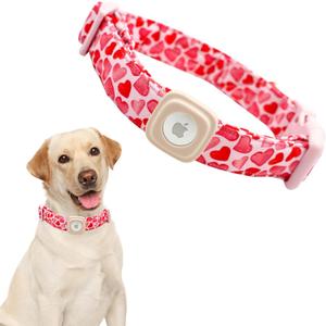 Lionheart glory Hearts Dog Collar with Airtag Holder, Small, Unique Design, Handmade Bow, Heavy-Duty, Adjustable, Cotton, Special Occasions