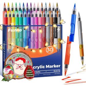Funto ClickLink Refillable Acrylic Markers, 30 Colors with Visible Ink Cartridges & Dual-Brush Tips - Quick-Dry Water-Based Paint Pens for Ceramic, Glass, Wood