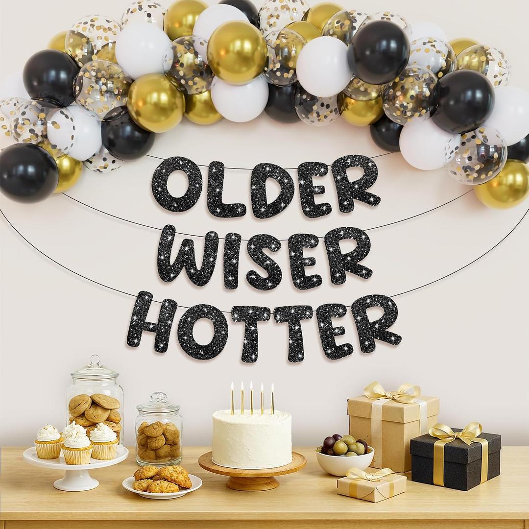 KatchOn, Older Wiser Hotter Birthday Decorations Pack Of 51 | Black Happy Birthday Decoration Banner, Balloon Arch kit | Birthday Decorations for Men, Women | 60th 70th 50th Birthday Banner Backdrop