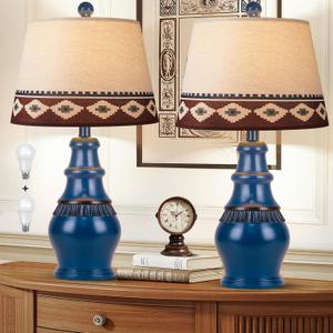 Hamucd Farmhouse Rustic Table Lamps Set of 2 for Living Room,3-Color Temperature Dimmable Southwest Bedroom Nightstand Lamps for Tribal Decor, Native American Bedside Lamp with 2 Bulbs (Blue)