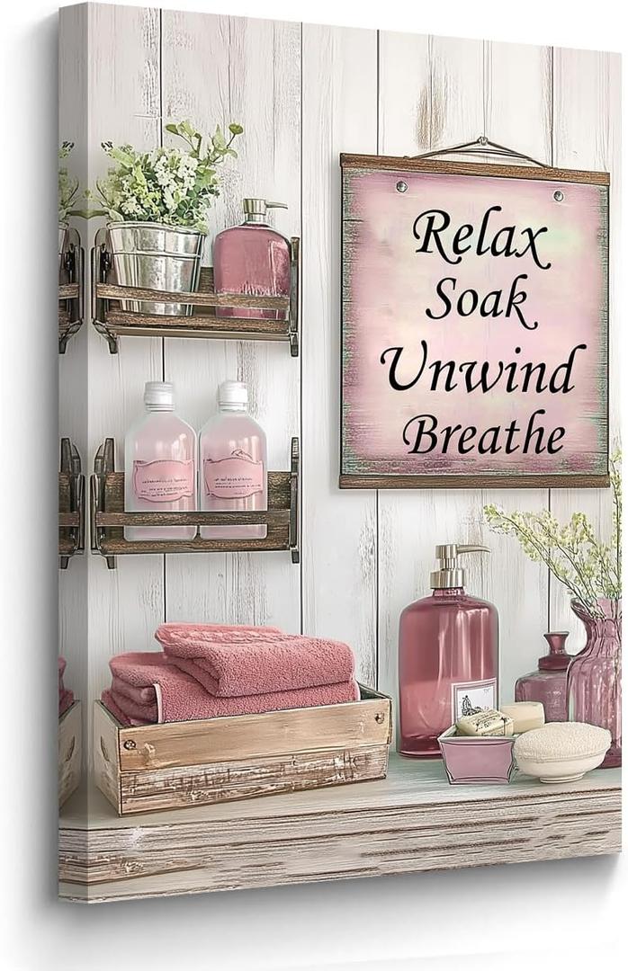 BJYCHG Rustic Bathroom Canvas Wall Art Pink Bathroom Picture Sign Farmhouse Floral Jars Painting Prints for Toilet Laundry Powder Room Decor Framed (Red, 24L x 16W)