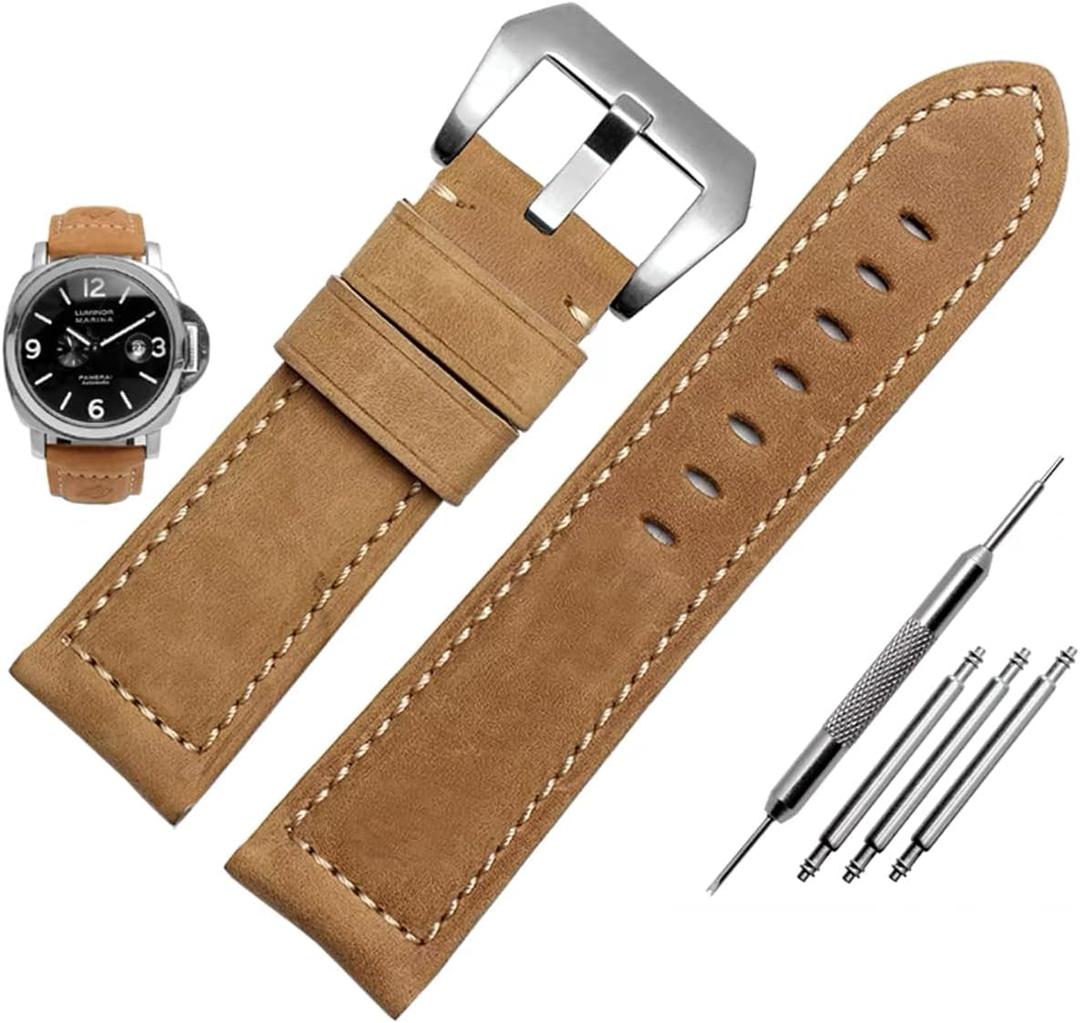 Niziruoup 26mm Watch Band Top Grain Leather Strap Compatible with Panerai Watch Band, Vintage Genuine Leather Replacement Watch Band for Men Khaki(Silver Buckle), 26mm
