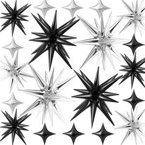 20 Pcs Star Balloons 2722Explosion Foil Balloons- Spike Balloon and Four Pointed Star Balloon for Party Supplies Christmas Birthday Wedding Photo Booth (Silver Black)