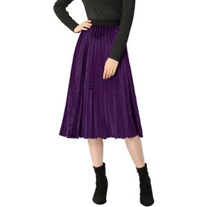 Allegra K Women's Fall Winter Elastic High Waist Flowy Swing Party Christmas Velvet Pleated Midi Skirt (Large)