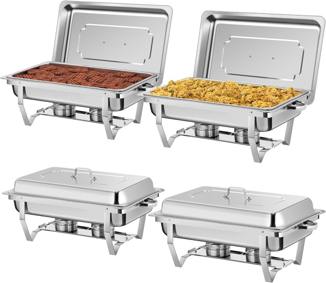 Rengue 9.5 QT Chafing Dishes, 4 Pack High Premium Stainless Steel Complete Set, Rectangular Chafing Dish Buffet Set, Heating and Cooling Chafing Dish for Gatherings Banquet, Buffet, Party, Wedding (Silver)