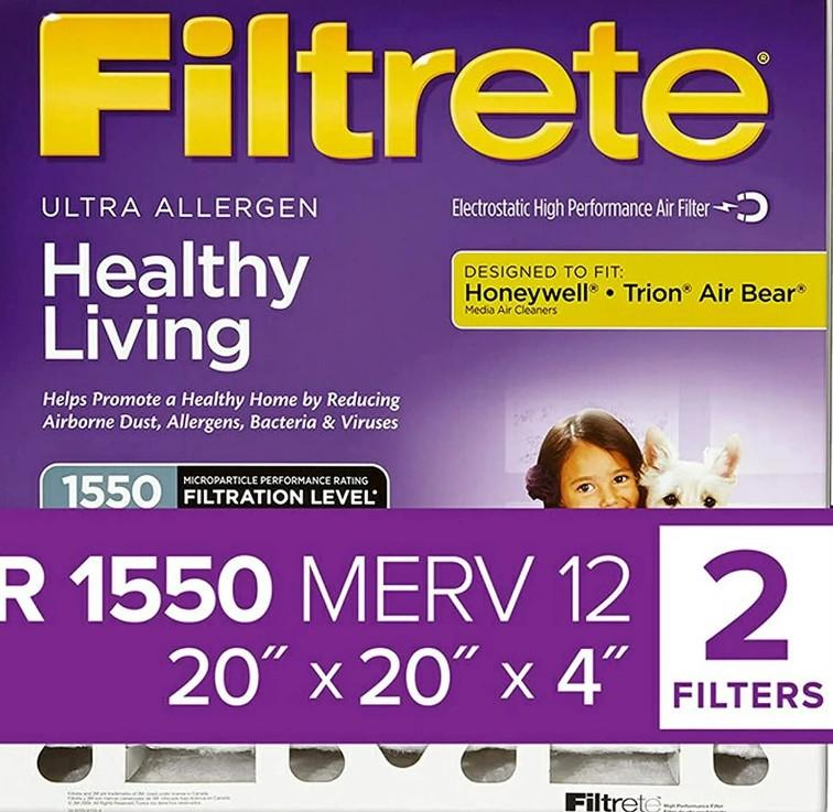 Filtrete 20x20x4 AC Furnace Air Filter, MPR 1550 MERV 12, Healthy Living Ultra Allergen Deep Pleat, Fits Lennox & Honeywell Devices Exact Dimensions 19.88 x 19.88 x 4.31