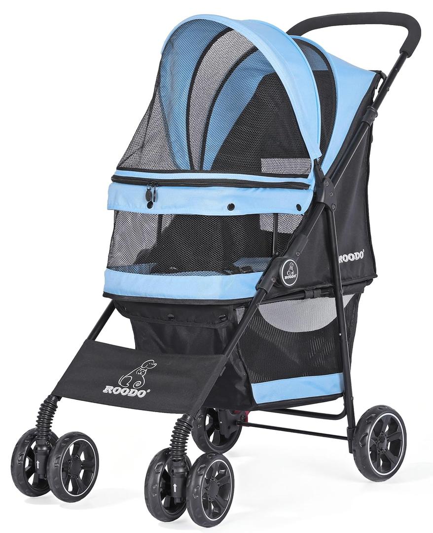 ROODO 4 Wheel Dog Cat Pet Stroller Best Lightweight Foldable Compact Portable Jogger All Terrain Travel Pet Gear Puppy Doggie Bunny Kitty Stroller for up to 30lbs Medium Small Dogs Cats(Sky Blue)