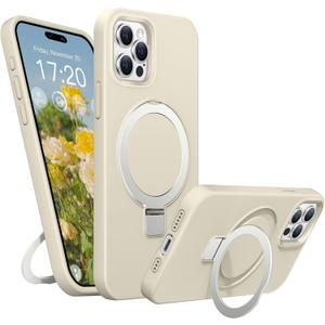 Soft Liquid Silicone Case for iPhone 15 Pro with Magnetic Invisible Stand, Military Grade Shockproof Protection, Anti-Scratch Microfiber Lining Covers for iPhone 15 Pro, White