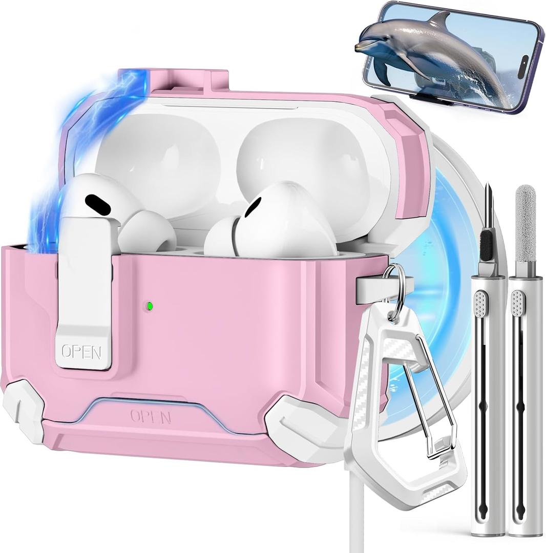 Pohgelan Compatible with AirPods Pro 2nd/1st Case,Magnetic Automatic Lock with Phone Stand & Cleaning Kit,Compatible with Magsafe Cover -White-Pink
