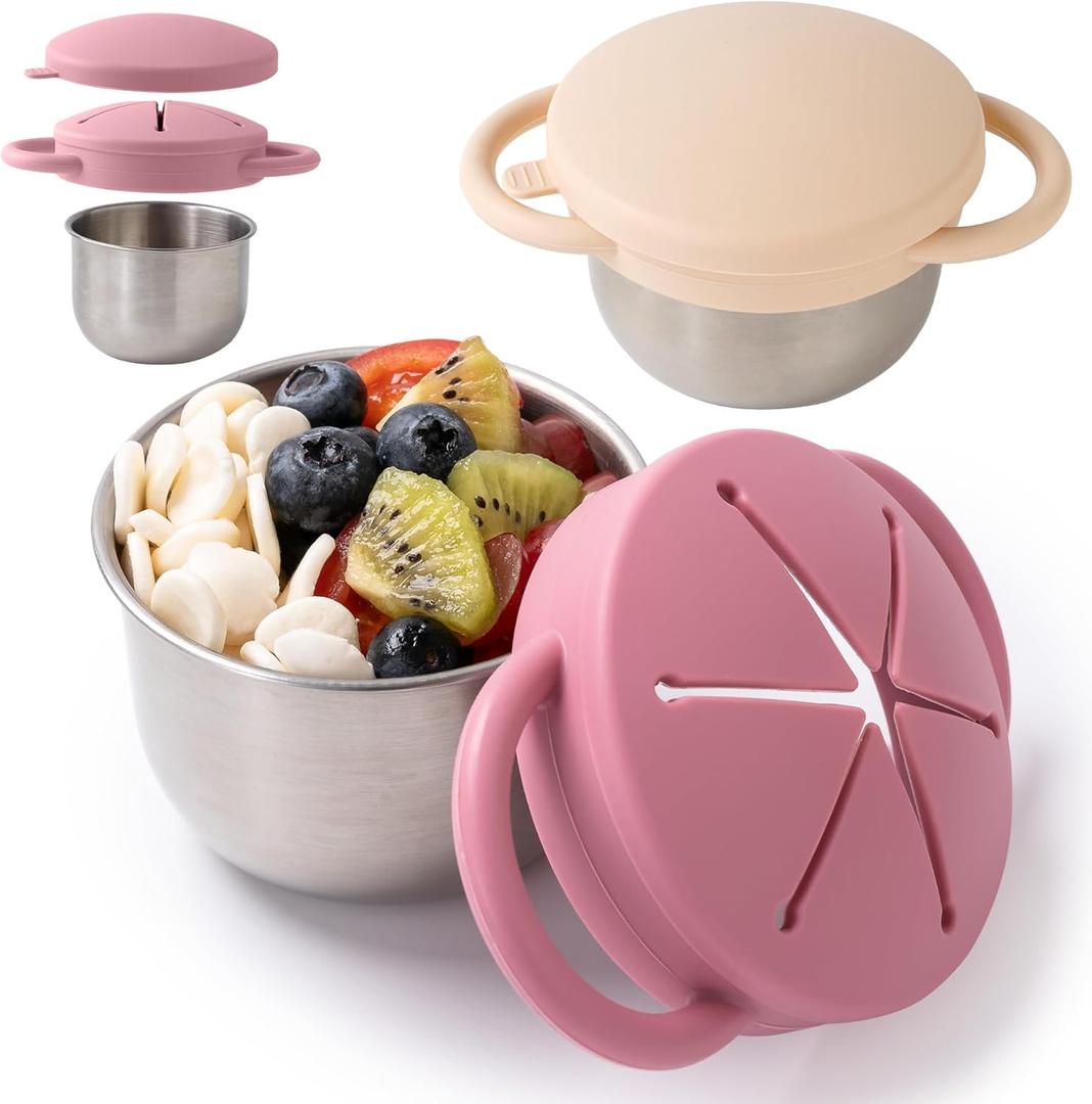 2 Pack Snack Containers for Toddlers, Stainless Steel Toddler Snack Cups with Silicone Food Catcher & Lids,Snack Cups for toddlers Spill Proof (Matte Pink, Matte Off White)