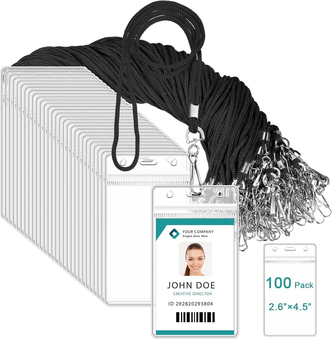 Marspark 100 Pieces Lanyard with ID Holder, Clear Plastic Name Tags Holders and Black Lanyards, Waterproof Resealable ID Card Holders for Office Business Team Workers Volunteers Supplies (Black)