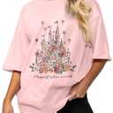 Flafens Oversized Tshirts for Women - Graphic T Shirt Loose Tees Crewneck Sleeve Top Cute Fashion Summer Pattern Print Tops, M, Castle Flower