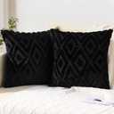 Pallene Soft Faux Fur Throw Pillow Covers 18x18 Set of 2 - Plush Wool Decorative Couch Pillow Covers for Sofa Bed Living Room - with 3D Diamond Pattern - Black