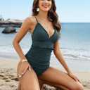 Charmo Frill Trim Ribbed One Piece Swimsuit Women Ruffled Ruched Tummy Control Bathing Suit (XL)