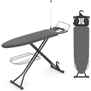 Ironing Board, Compact Iron Board Full Size with Extra Thick Cover, 7 Adjustable Heights Stand with Hanger and Iron Rest, Large Heavy Duty Ironing Board with Storage Tray, 13x43 Black