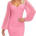 ZESICA Women's Sexy V Neck Ruched Bodycon Mini Dress Puff Long Sleeve Cocktail Wedding Party Short Dresses S