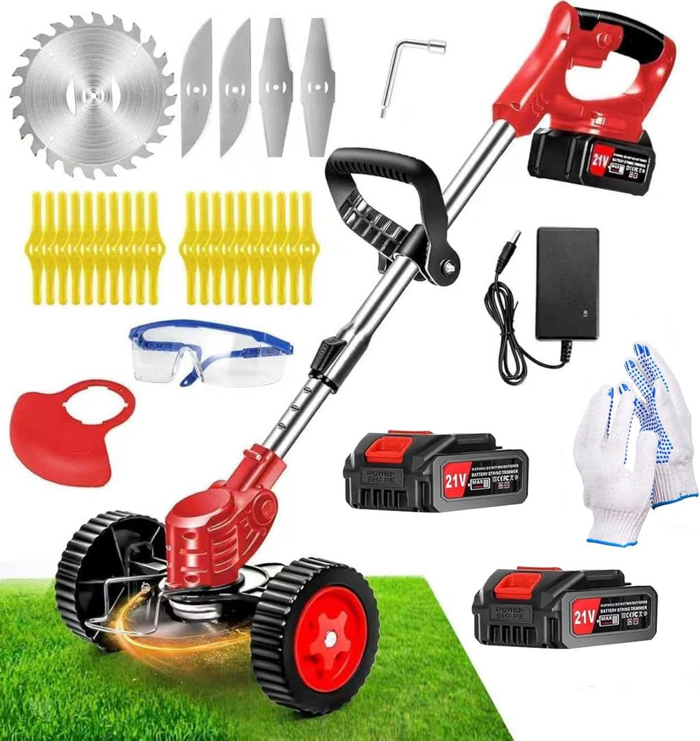 Cordless Weed Wacker, Electric Grass Trimmer 21V 2.0Ah Battery Powered Weed Trimmer, 3 in 1 Stringless Lightweight Brush Cutter/Edger/Mower with 4 Types Blade & Wheels for Garden and Yard Lawn