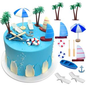 Beach Cake Topper 13Pcs Hawaiian Cake Toppers Decoration Summer Ocean Cake Topper Beach Chair Umbrella Boat Palm Tree Cakes Topper for Tropical Aloha Pool Birthday Wedding Baby Shower Party