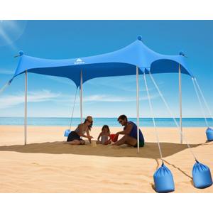 Beach Tent Sun Shelter 10 x 10 FT, UPF50+ Beach Canopy Tent Sun Shade, Beach Shade Canopy with 8 Sandbags 4 Aluminum Poles Carrying Bag and Sand Shovel, Tent for Beach Camping Fishing Picnics