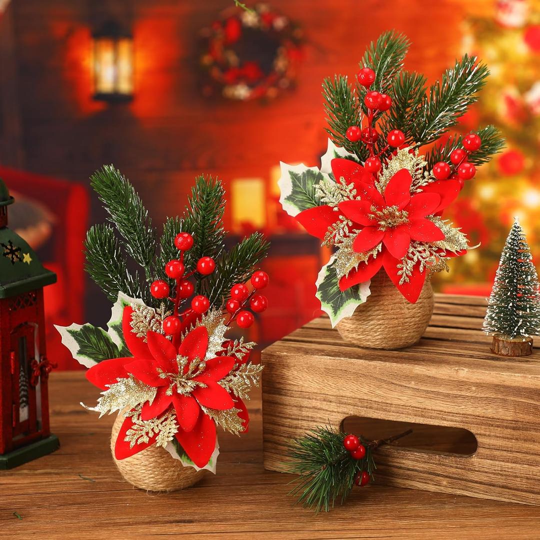 Zeyune Christmas Poinsettias Artificial Christmas Flowers Floral Red Table Top Pinecone Poinsettia and Holly Berries Silk Flower Arrangements in Decorative Pot Greenery Holiday Xmas Home Decor (2 Pcs)