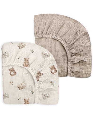 Mini Crib Sheets for Baby Boy Girl 2 Pack, Neutral Mini Crib Mattress Sheet 24" x 38", Muslin Nursery Bedding Soft and Breathable Comfort (Teddy & Friends)