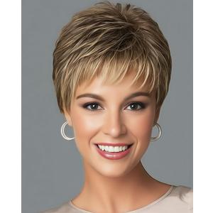 SEVENCOLORS Short Dark Brown Mixed Blonde Pixie Cut Wigs for Women Synthetic Layered Highlight Wigs with Bangs Natural Hair Replacement Wig