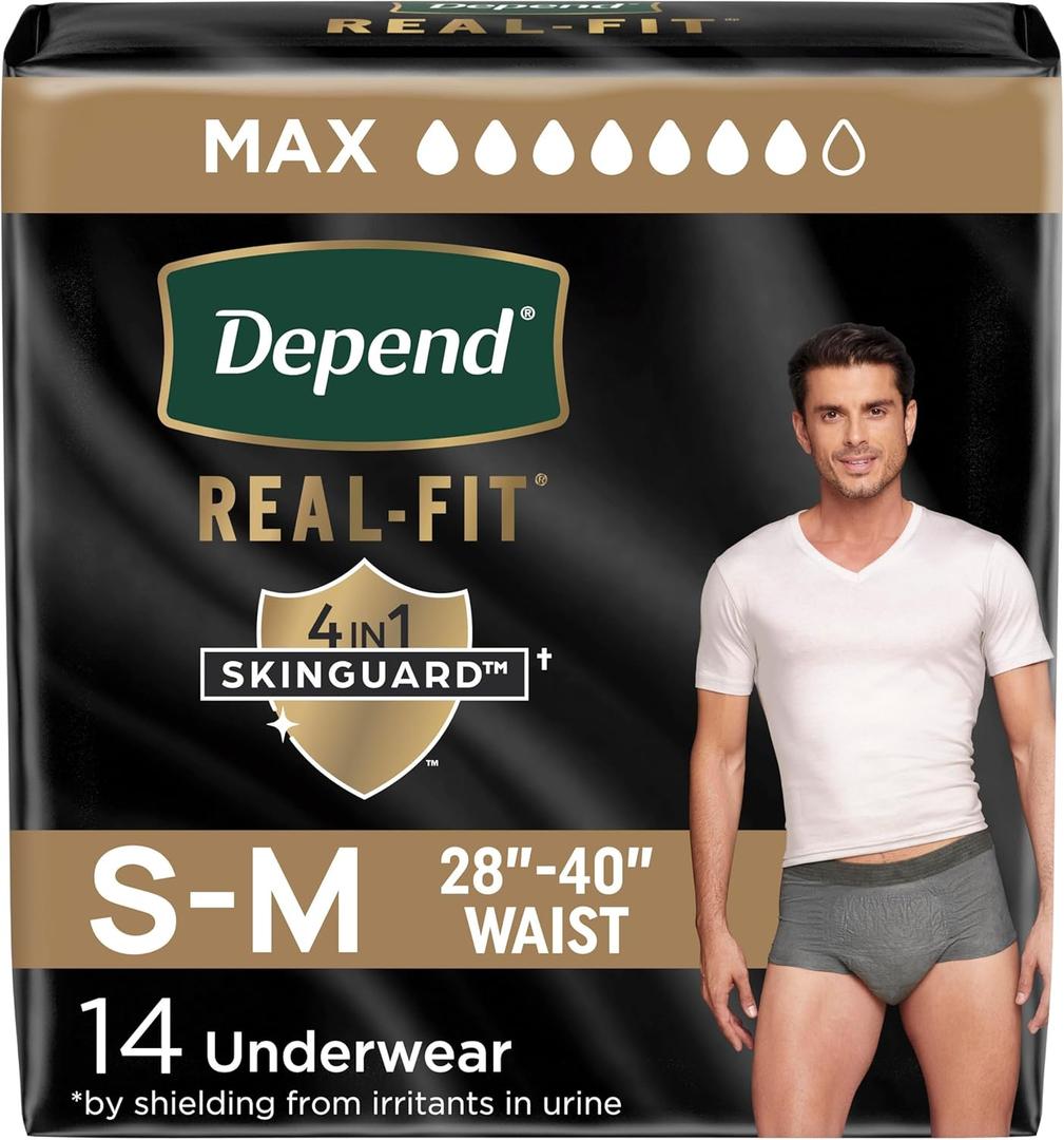 Depend Real Fit Adult Diapers, Incontinence Underwear for Men, Disposable, Maximum Absorbency, Small/Medium, Grey, 14 Count