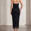 Women's Floral Ruched Bodycon Halter Dress Elegant Mesh Cut Out Midi Evening Party Dresses (Black, M)