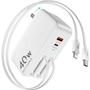 DreamBee 4-in-1 Retractable Wall Charger Plug for iPhone 17, Retractable Charger Block with Dual 35.5-in Cables, 40W Fast Charging Portable Travel Charger Adapter for iPhone 17/16/15/iPad/Galaxy/Pixel (White)