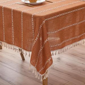 Burnt Orange Linen Rectangle Table Cloth with Tassel Farmhouse Burlap Tablecloths for Kitchen Dining Heavyweight Oblong Table Covering Cloth Autumn Fall Halloween Holiday Boho Decor, 55x102 Inch