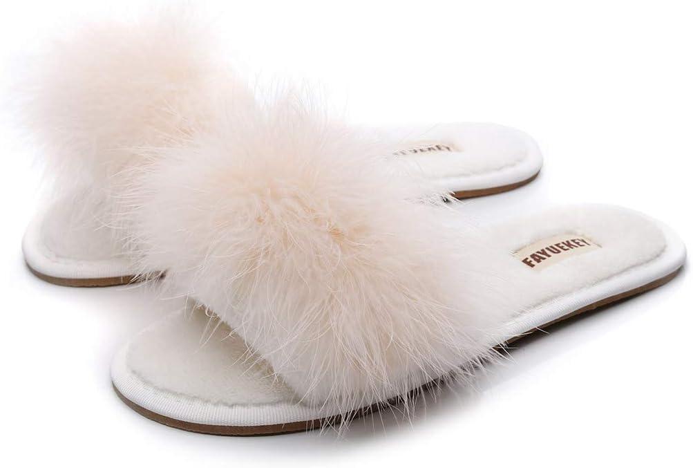 FAYUEKEY Fuzzy Slippers for Women Fluffy Furry Open Toe Cute Slippers House Bedroom Shoes (7, Khaki)