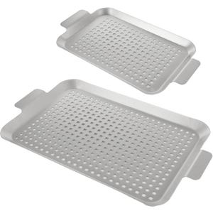 Grill Pan Set of 2, Stainless Steel Grill Topper for Outdoor Grill, Small & Medium BBQ Grilling Tray with Handle and Holes, Grilling Baskets for Meat, Seafood & Vegetables