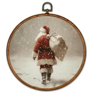 BCUANGD Santa Claus Round Wall Art Decor - Vintage Winter Snow Wall Art Canvas Frame Artwork Prints, Rustic Christmas Holiday Cottage Round Wall Hanging Decorations for Home Farmhouse, 10"x10"