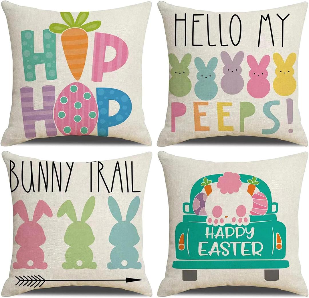 Easter Decor-Throw Pillow Covers 18x18in Set of 4,Spring Linen Pillow Case with Bunny and Egg for Large Couch Sofa Home Indoor Outdoor Holiday Home Decorations (Pink)