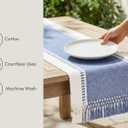PurpleEssences Table Runner - Wide with Dobby Stripe, Heavy Ribbed Weave & Double Knot Fringes, 14x72 Inch (14x77.5 with Fringes) Farmhouse Decor Spring Easter Summer - French Blue and H.White