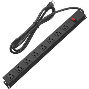 Metal 8 Outlet Mountable Power Strip, Wall Mount Outlet Heavy Duty, Wide Spaced Commercial Shop Power Strip with Switch, 15A 125V 1875W, 6 FT SJT 14AWG Power Cord (12FT)