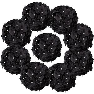Black Silk Hydrangea Heads Artificial Flowers Heads with Stems for Home Wedding Decor,Pack of 10(Black)