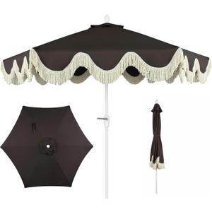 JONATHAN Y UMB1001 Collins 9 ft. Classic Cottage Tassel Market Patio Umbrella with Auto-Tilt, Crank, Wind Vent and UV Protection (Black/Cream)