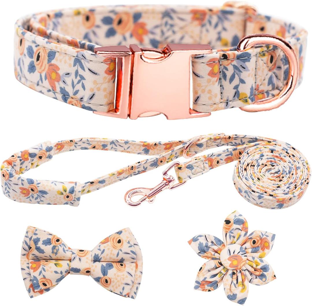 Dog Collar and Leash Set Girls Adjustable Puppy Collars with Floral Bow Tie for Small Medium Large Female Dogs, Orange Flower, Small