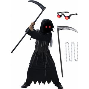 Kids Grim Reaper Halloween Costume with Glowing Eyes, Scythe & Chain – Scary Dress Up for Boys & Girls 8-10 Years