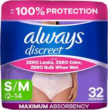 Always Discreet Adult Diapers for Women, Incontinence Underwear, Postpartum Essentials, Disposable Briefs, Max Absorbency, Bladder Leak Protection, Small/Medium, 32ct