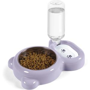 Dog Bowls, Cat Food and Water Bowl Set with Water Dispenser and Stainless Steel Bowl for Cats and Small Dogs - Purple
