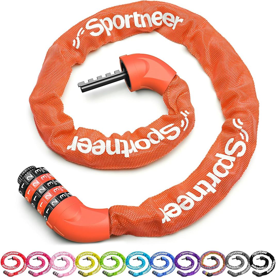 Sportneer Bike Lock: 5 Digit Combination High Security Anti Theft Bike Chain Lock - 3.2/3.6/4ft Heavy Duty Keyless Bicycle Lock for Bike, Motorcycle, Scooter, Door & Gate - 4/6mm Thick, Easy to Use (Orange)
